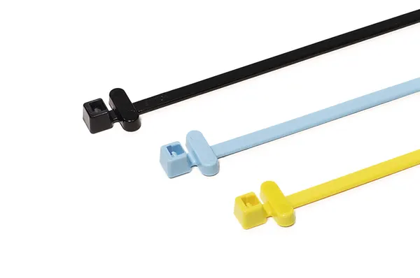 Three different HellermannTyton RFID cable ties in black, light blue and yellow, ideal for easy cable identification.
