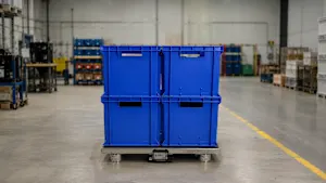 Blue plastic storage bins stacked on a smart pallet system in a warehouse with shelving and yellow safety posts on the floor.