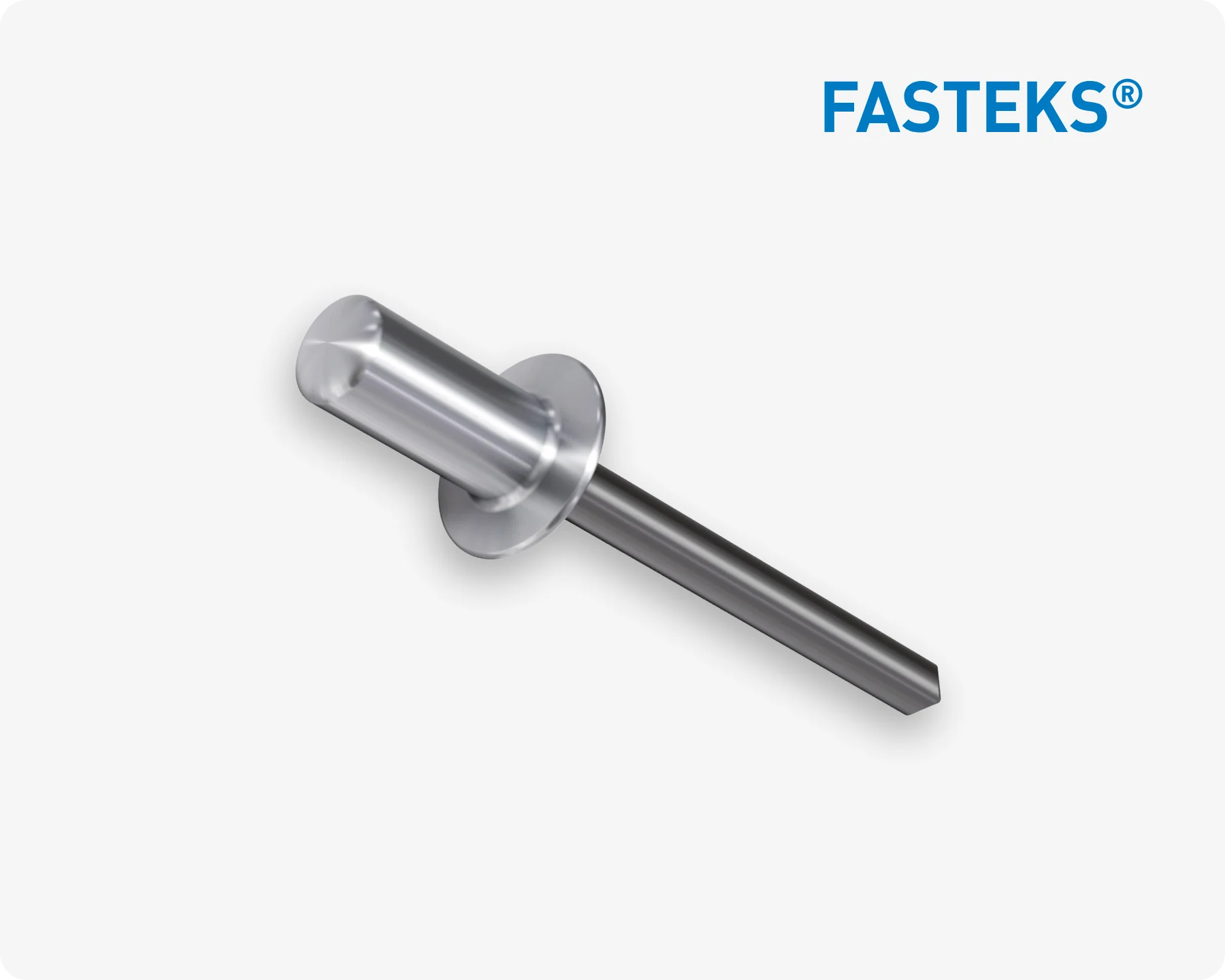 <text>FASTEKS金属抽芯铆钉特写，背景为浅灰色。</text>