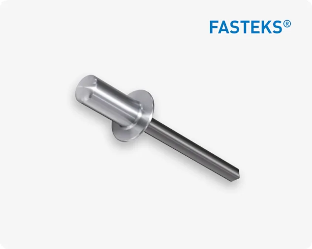 Close-up of a metal blind rivet by FASTEKS on light grey background.