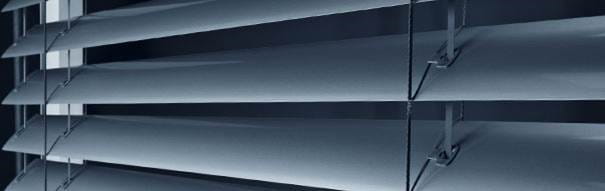 A close-up view of a window featuring white blinds partially drawn, allowing soft light to filter through.