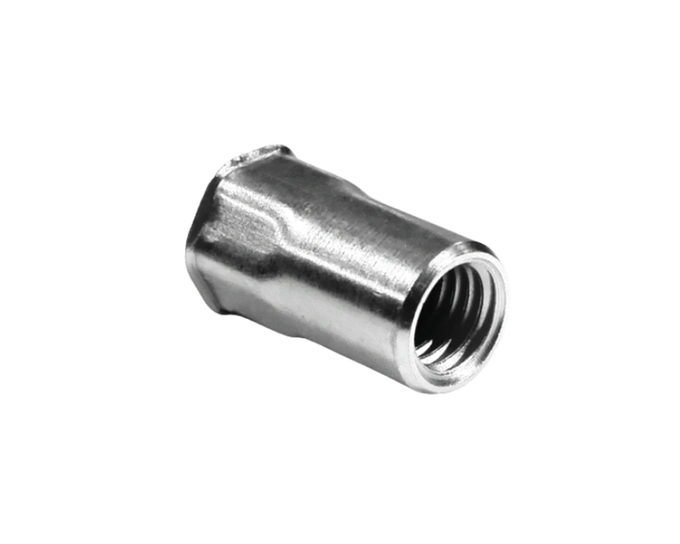 A Clufix blind rivet nut with open end and a hex shaft