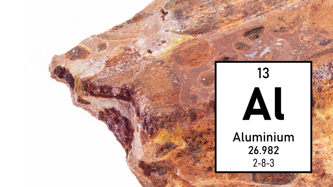 铝元素在铝土矿中的银白色,包含来自元素周期表的数据。图像用于光谱分析。