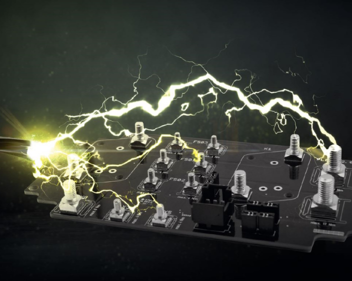 Electronic component board with power elements and lightning effects.