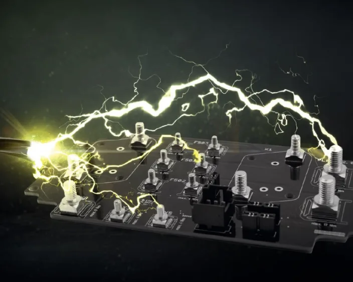 Electronic component board with power elements and lightning effects.