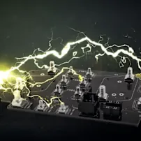 Electronic component board with power elements and lightning effects.