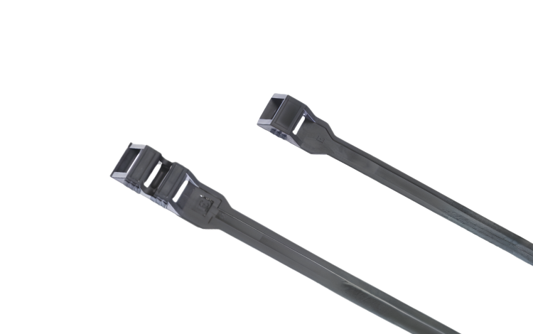 Two black Elematic Belturing Plus cable ties on white background