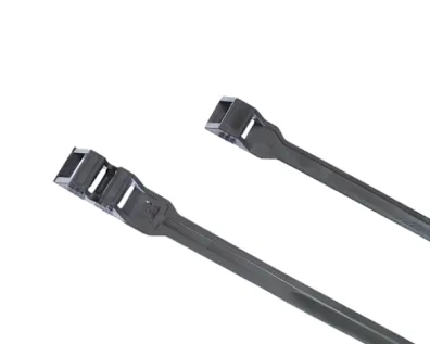 Two black Elematic Belturing Plus cable ties on white background