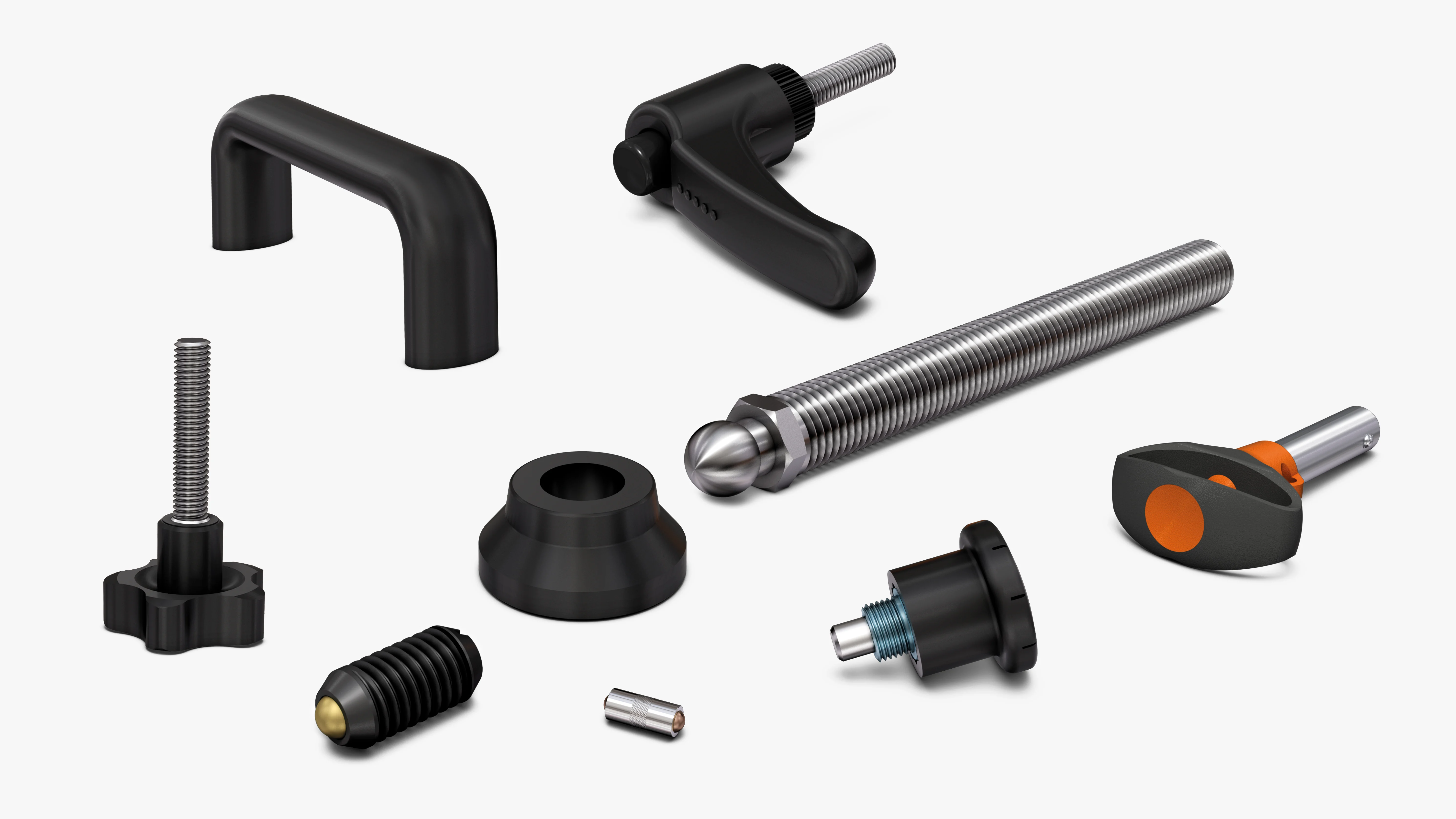 Customizable latches, hinges, and locks for equipment and tool access.