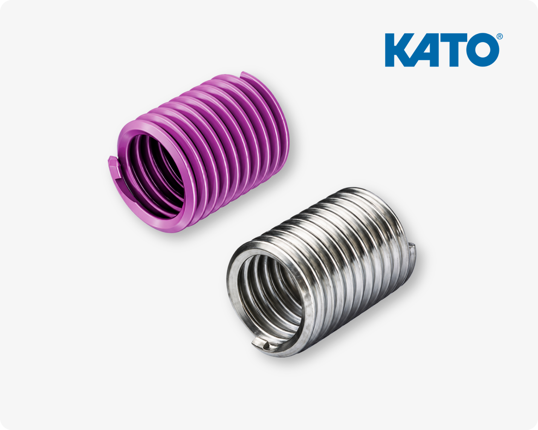 Two KATO wire thread inserts, one pink and one silver, with spiral structure on a light grey background and KATO logo in the top right corner..