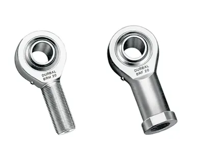 Two Durbal premium rod ends with spherical self-aligning roller bearings on white background