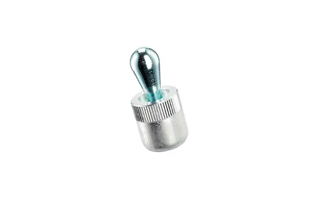 Halder® 侧向弹簧柱塞特写，置于白色背景上，展示其侧向定位与锁定结构。