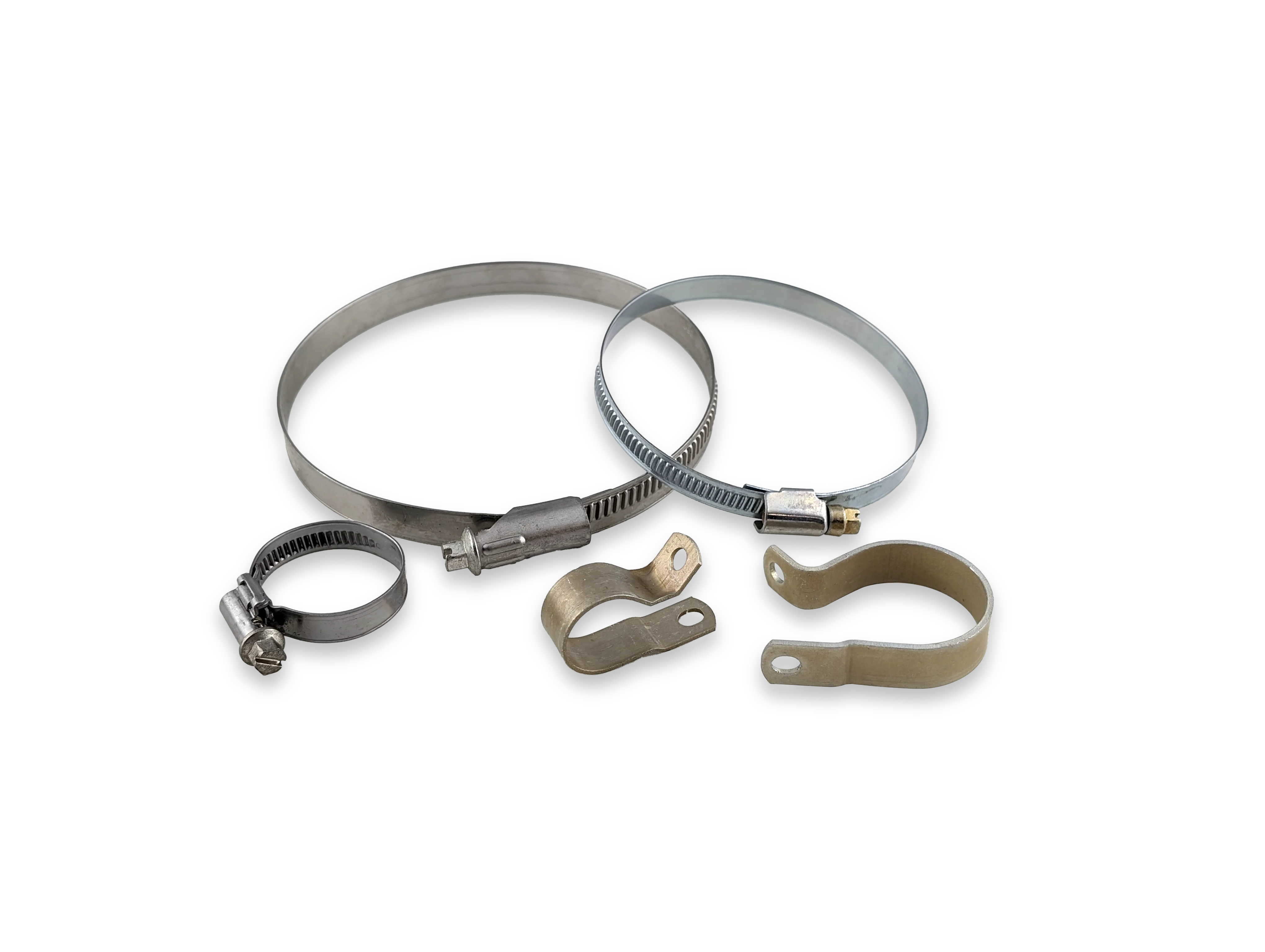 A collection of aerospace clamps on a transparent background, emphasizing their industrial design.