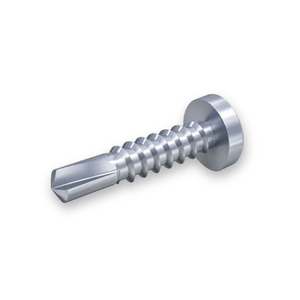 A silver ecosyn drill self-drilling screw for metal on white background