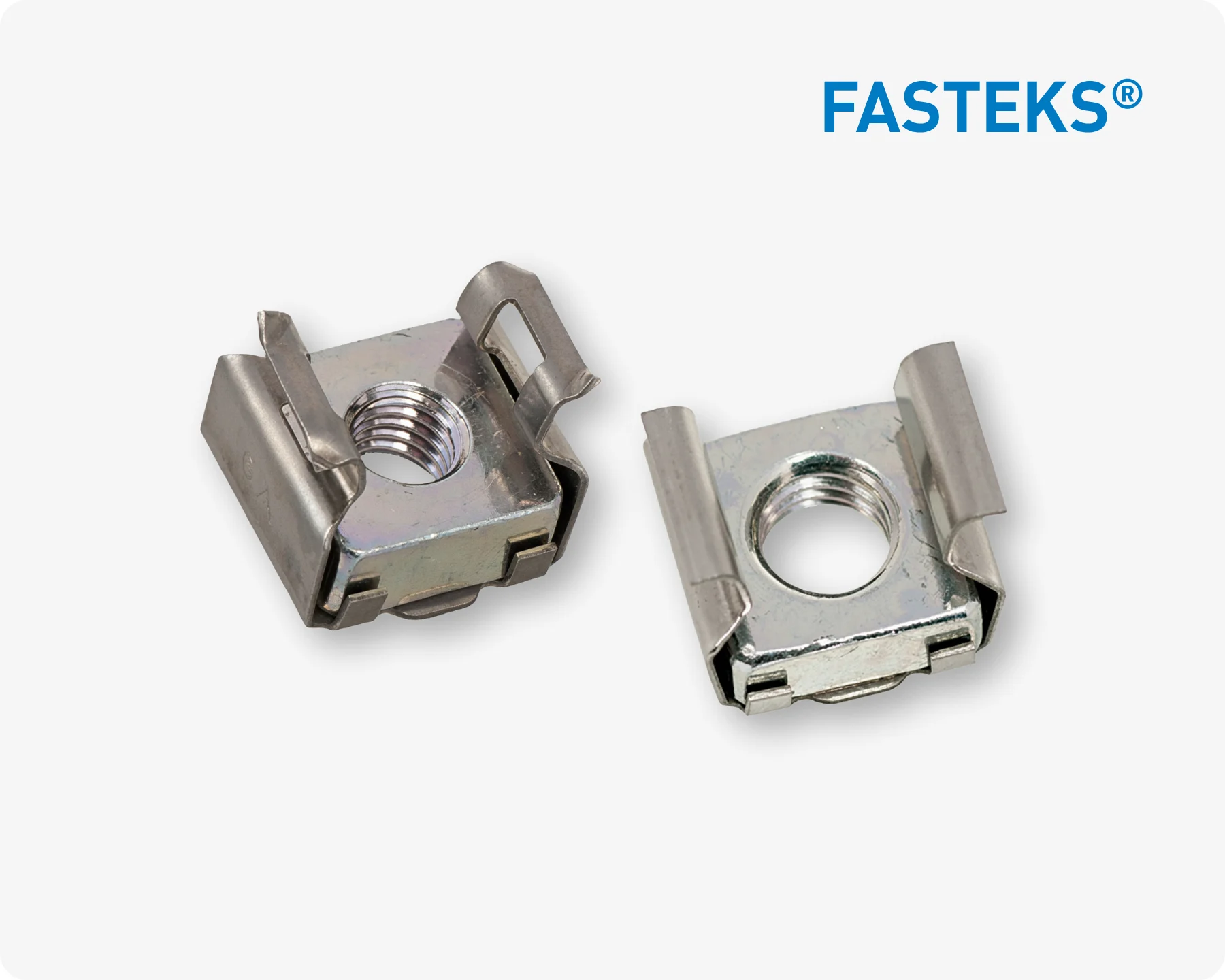 Close-up of two FASTEKS® KLIPKO metal cage nuts on light grey backgound with the FASTEKS logo in the top right corner.