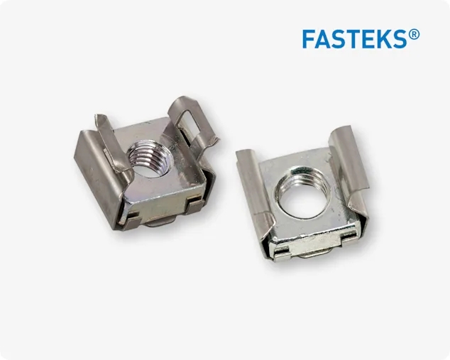 FASTEKS® KLIPKO 两枚金属卡式螺母特写,置于浅灰色背景上,右上角显示 FASTEKS 品牌标志。