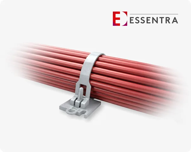 Close-up of a bundle of red cables being held in place by a silver-colored cable mount on light grey background with the Essentra logo in the top right corner.