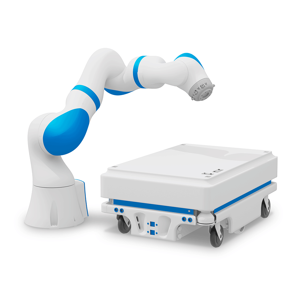 White robotic arm with blue accents attached to a wheeled base.