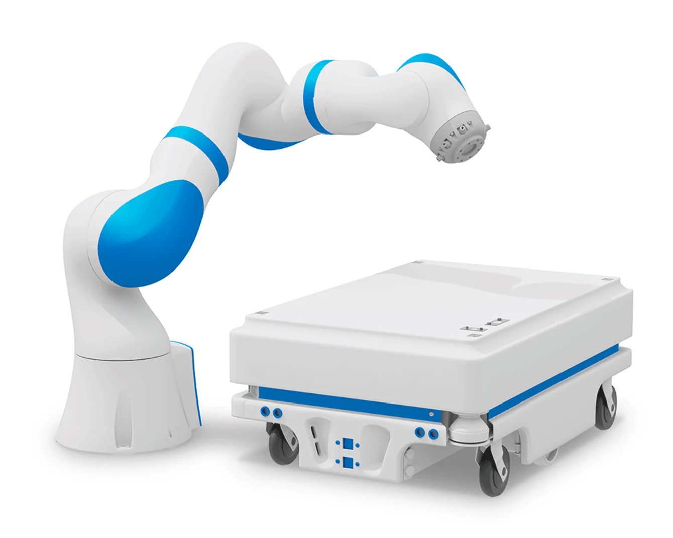 White robotic arm with blue accents attached to a wheeled base.
