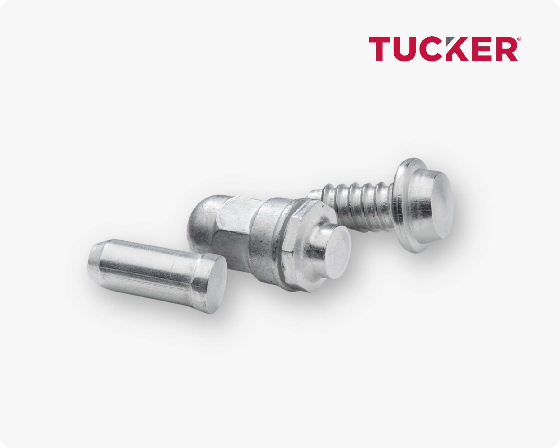 Three different types of welding studs by Tucker on a light grey background