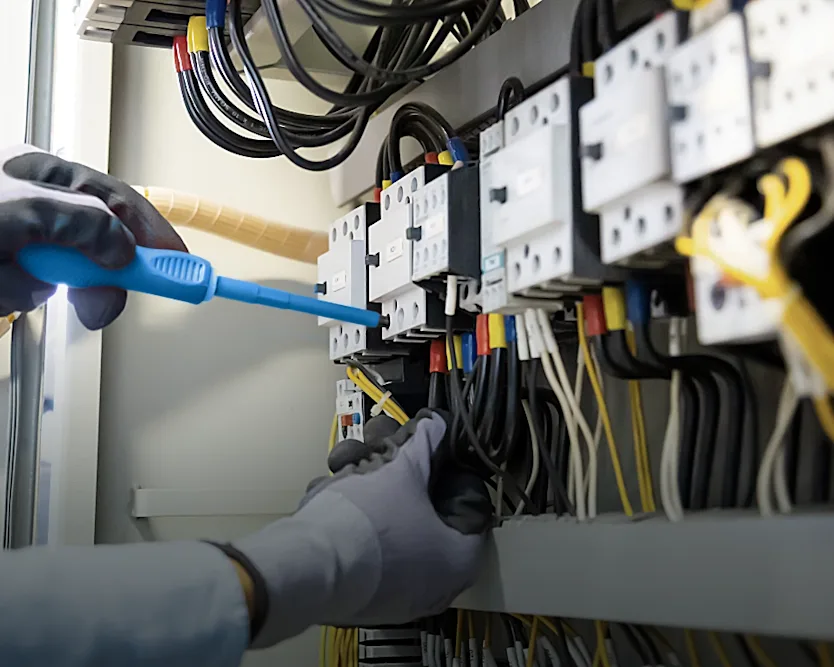 Engineer inspecting electrical box ensuring everything is up and running.