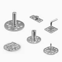 Six different types of embedding and surface bonding fasteners on a white bakcground.
