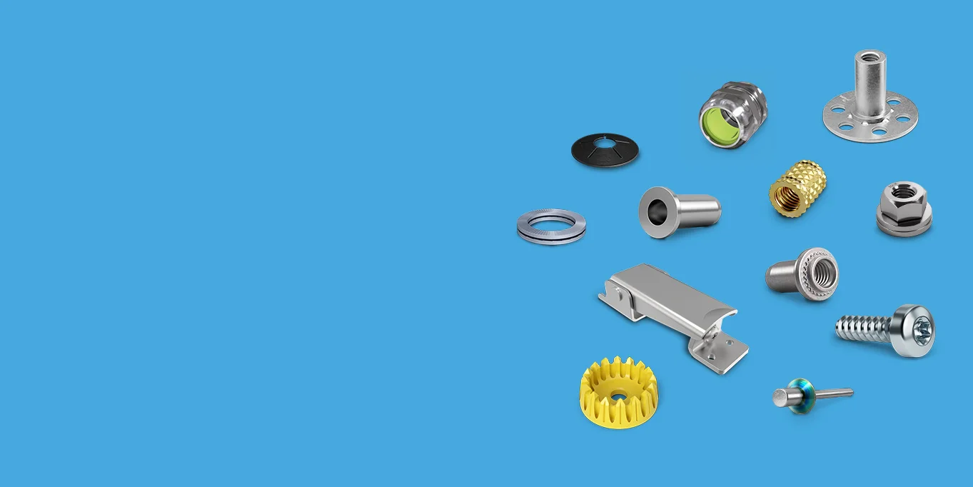 Various fastening elements on a blue background, illustrating their variety.