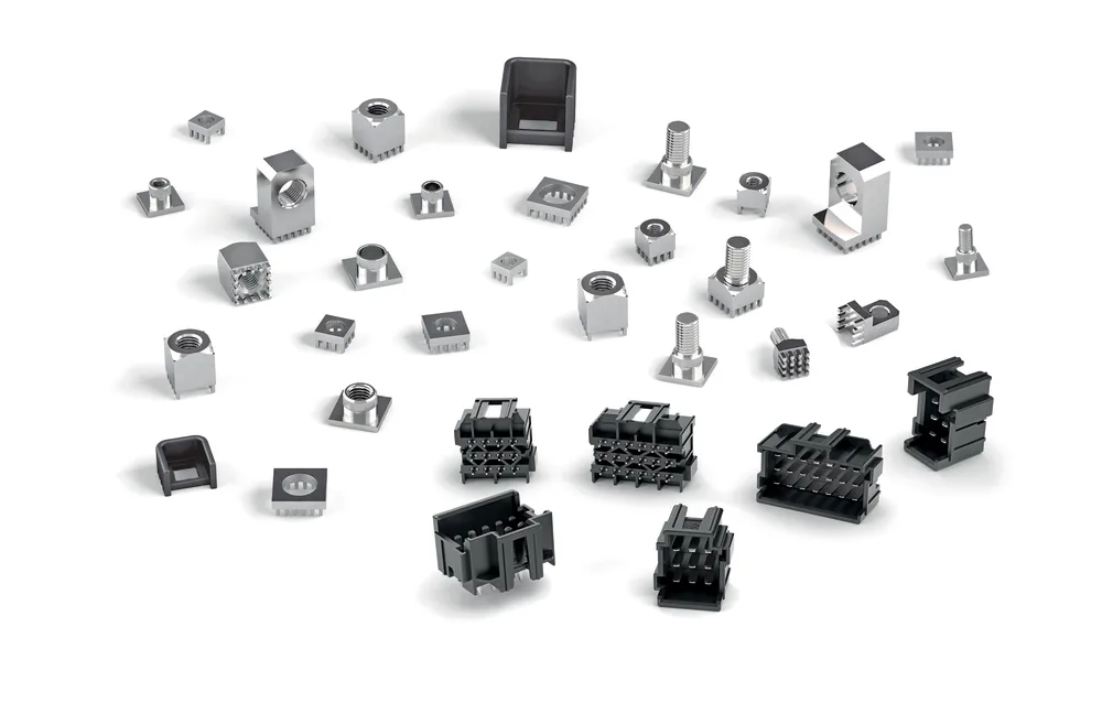 An overview of many different MTCONNECTIVITY power elements spread out on a white background.