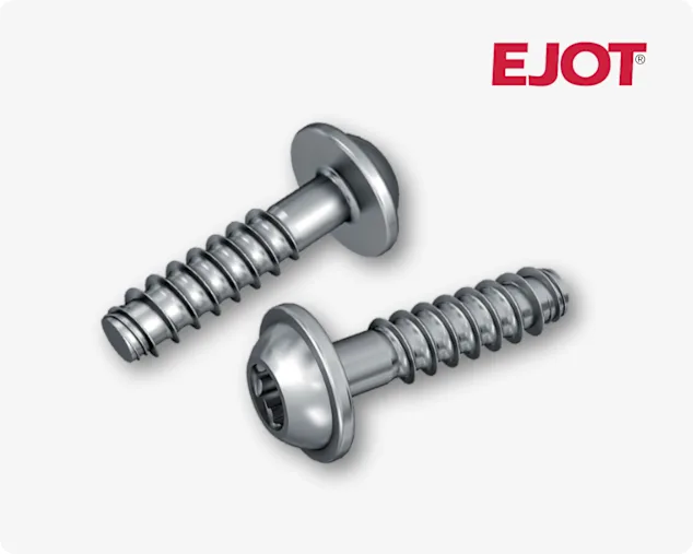两枚EVO PT®热塑性塑料自攻螺钉,置于浅灰色背景上,右上角为EJOT标识。