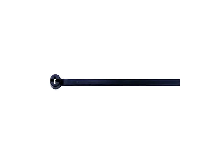 A black barb cable tie for railway applications on a white background.