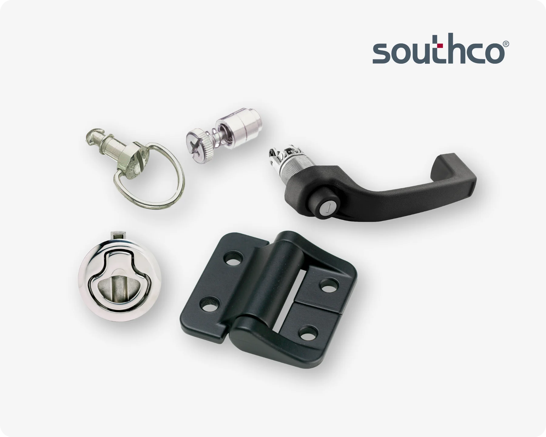不同Southco准入解决方案的组合,包括DZUS四分之一转紧固件、把手、金属固定螺钉和塑料铰链。