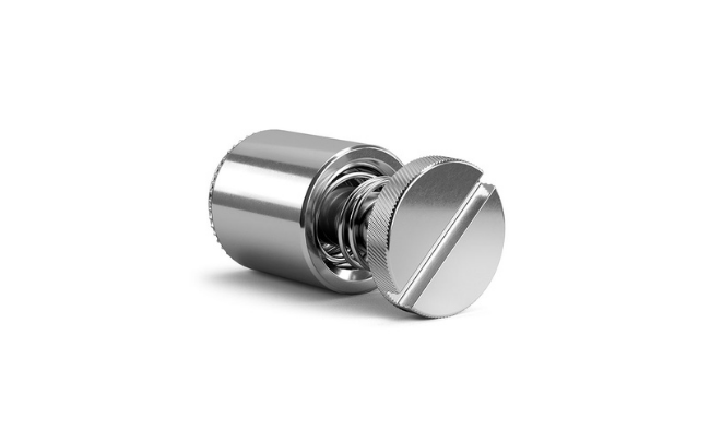 Close-up of a metal PEM self-clinching captive panel screw