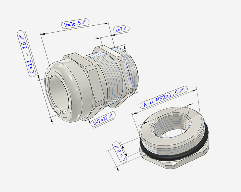 线缆接头和垫圈的3D模型，带有尺寸标示，背景为浅灰色。