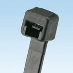 A black plastic weather-proof cable tie with a small hole, designed for efficient cable management and secure fastening.