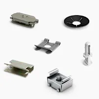 Six different types of clip fasteners on a white background.