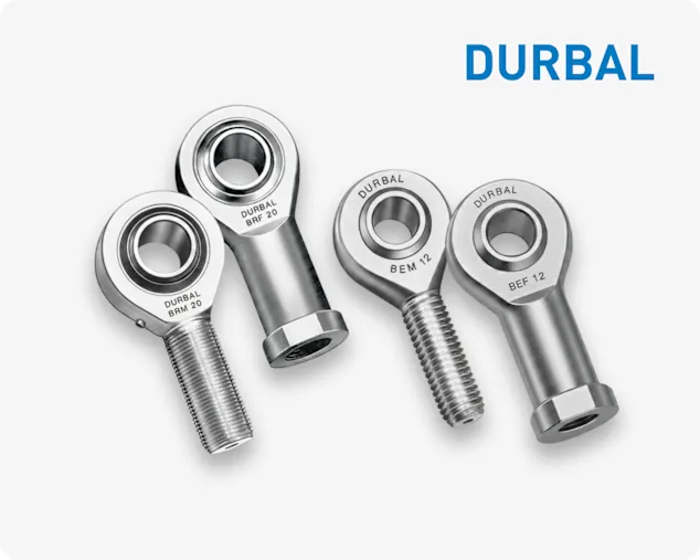 Four different types of Durbal rod ends on light grey background