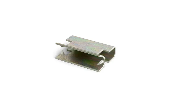 A close-up of a metal ARaymond edge panel clip on white background