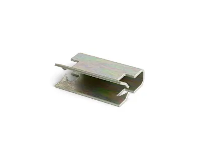 A close-up of a metal ARaymond edge panel clip on white background