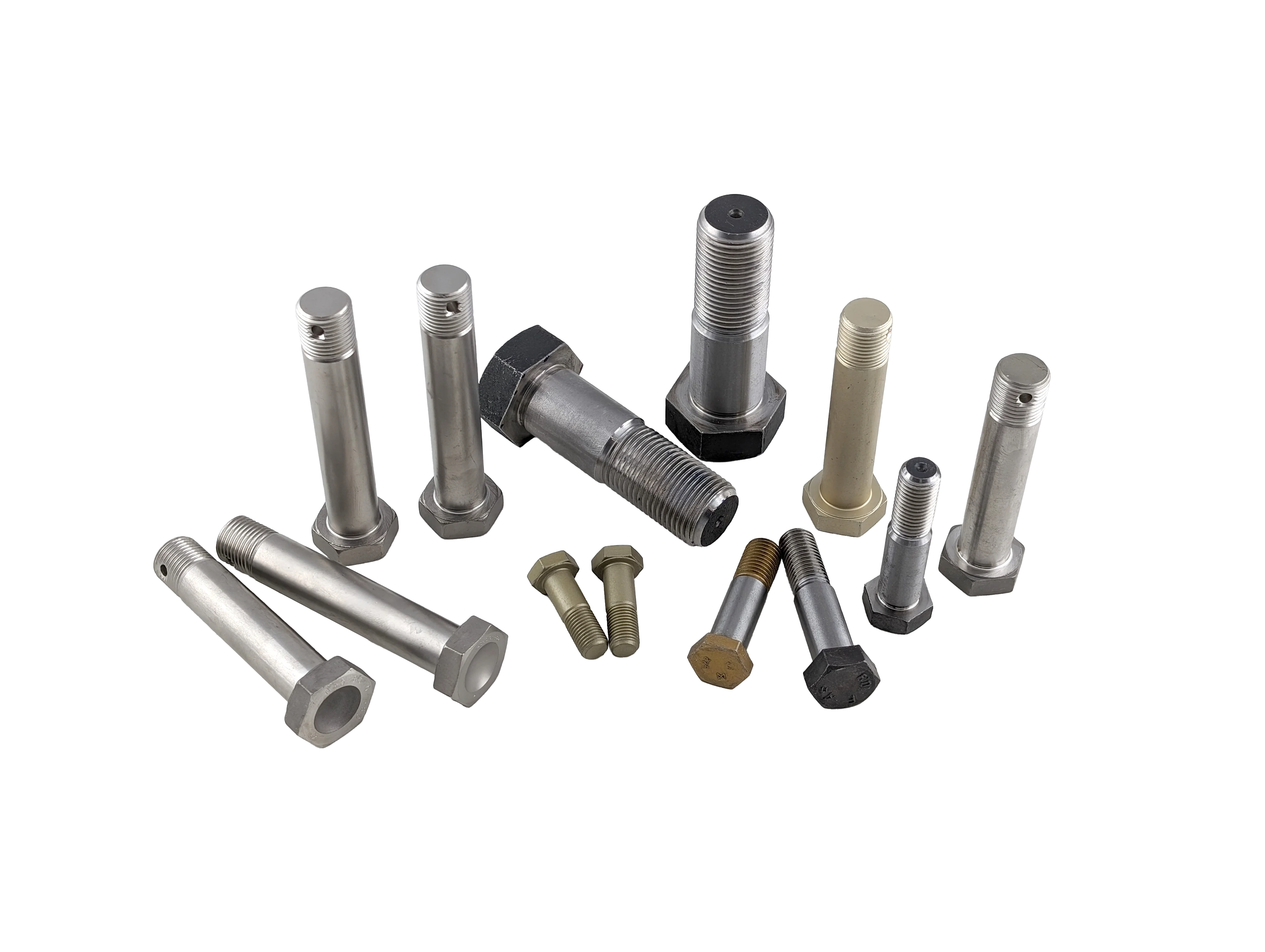 A collection of aerospace bolts on a transparent background, emphasizing their industrial design.