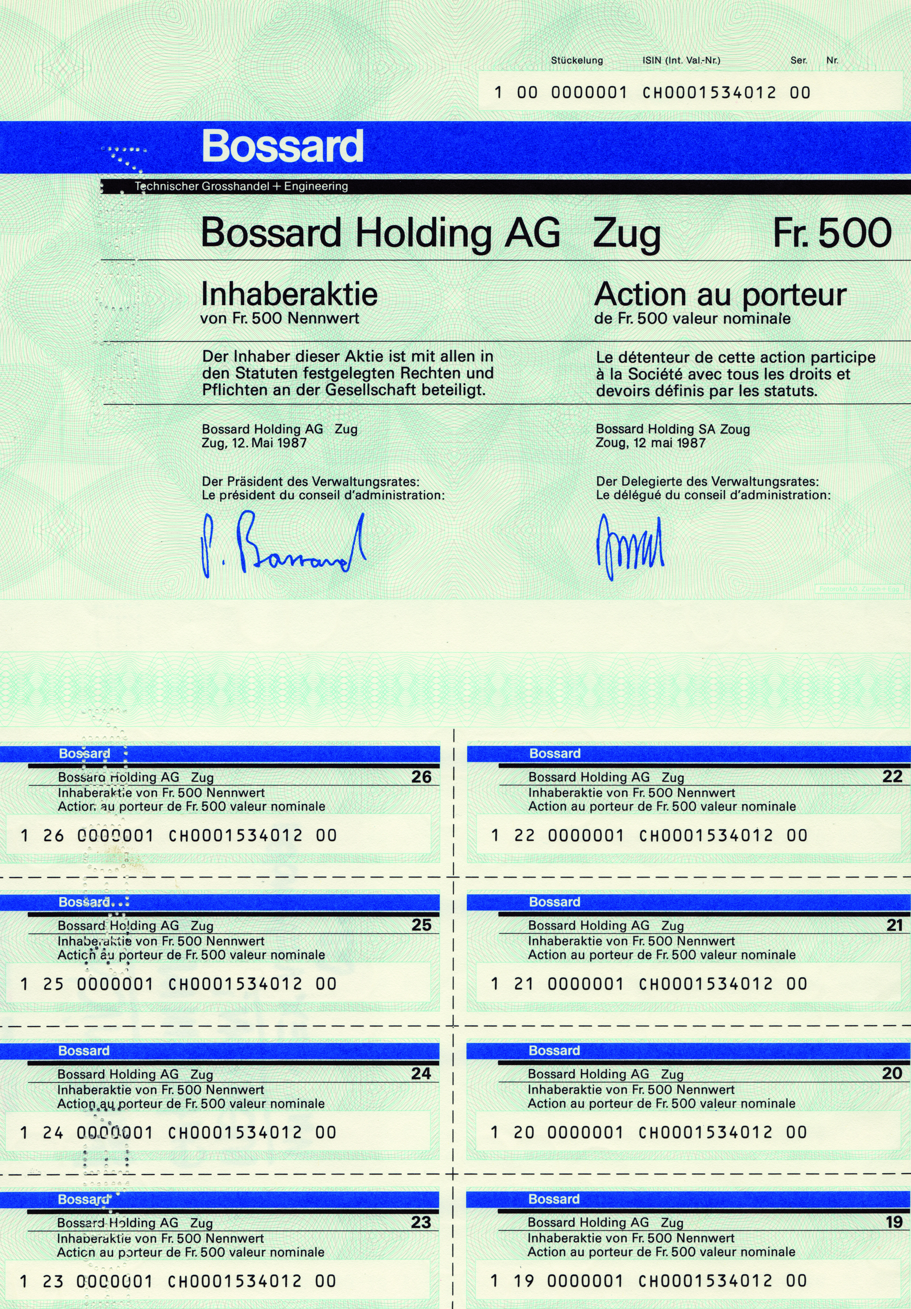 1987年面值500瑞士法郎的Bossard AG Zug无记名股票照片。