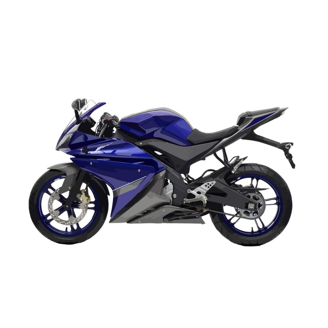 Blue sport motorcycle with sleek design, side view on a white background.