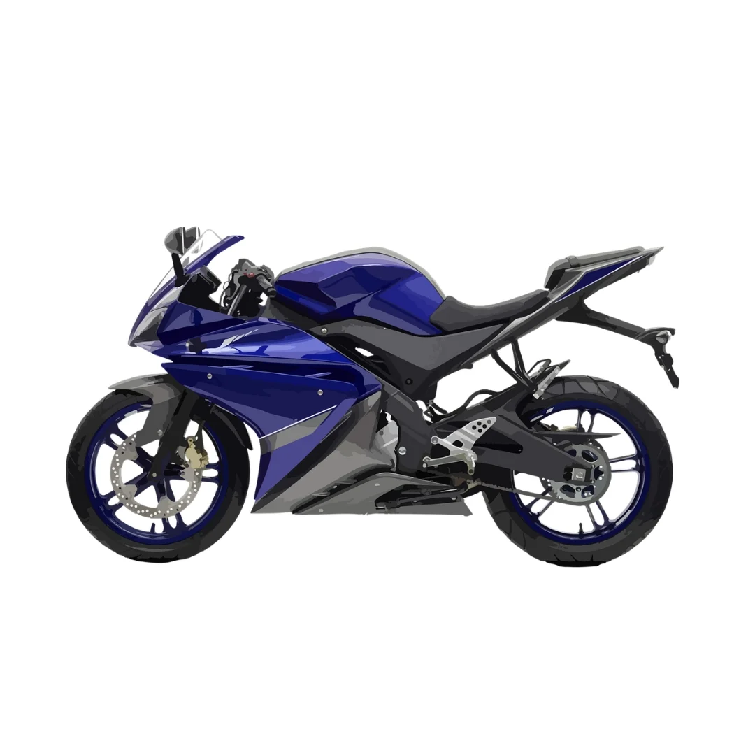 蓝色运动摩托车，设计流畅，侧视图，背景为白色。