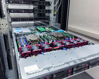Server rack interior showing motherboard with RAM slots, heat sinks, and red cooling fans mounted in a data center chassis