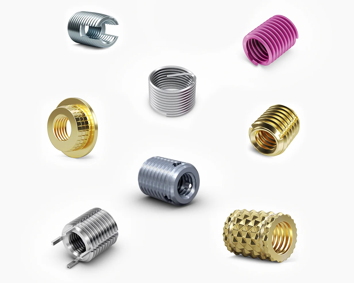 不同类型的螺纹嵌件,包括黄铜嵌件、螺纹丝套和锁键嵌件。