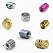 Different types of threaded inserts, including brass inserts, wire thread inserts and key-locking inserts.