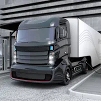 Hybrid electric truck charging at station. 3D rendering.
