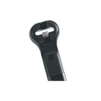 Close-up of a black ABB Ty-Rap cable tie with metal reinforcement on white background