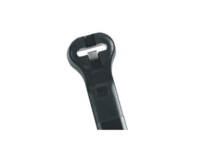 Close-up of a black ABB Ty-Rap cable tie with metal reinforcement on white background