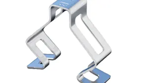 Example of a metal punched and bent part (a clamp) on white background