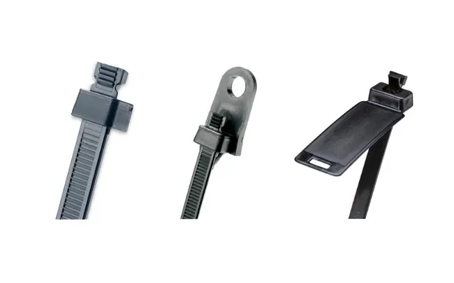 三条黑色Panduit Sta-Strap线缆扎带，具有不同的头部形状，置于白色背景上。